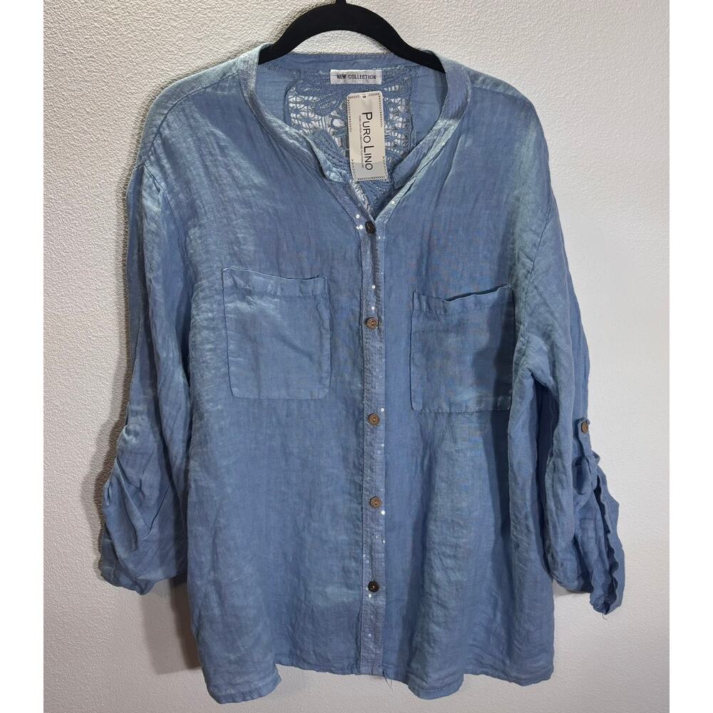 Puro Lino Italy Blue 100% Linen Lace Button Tunic Top Boho Womens L XL